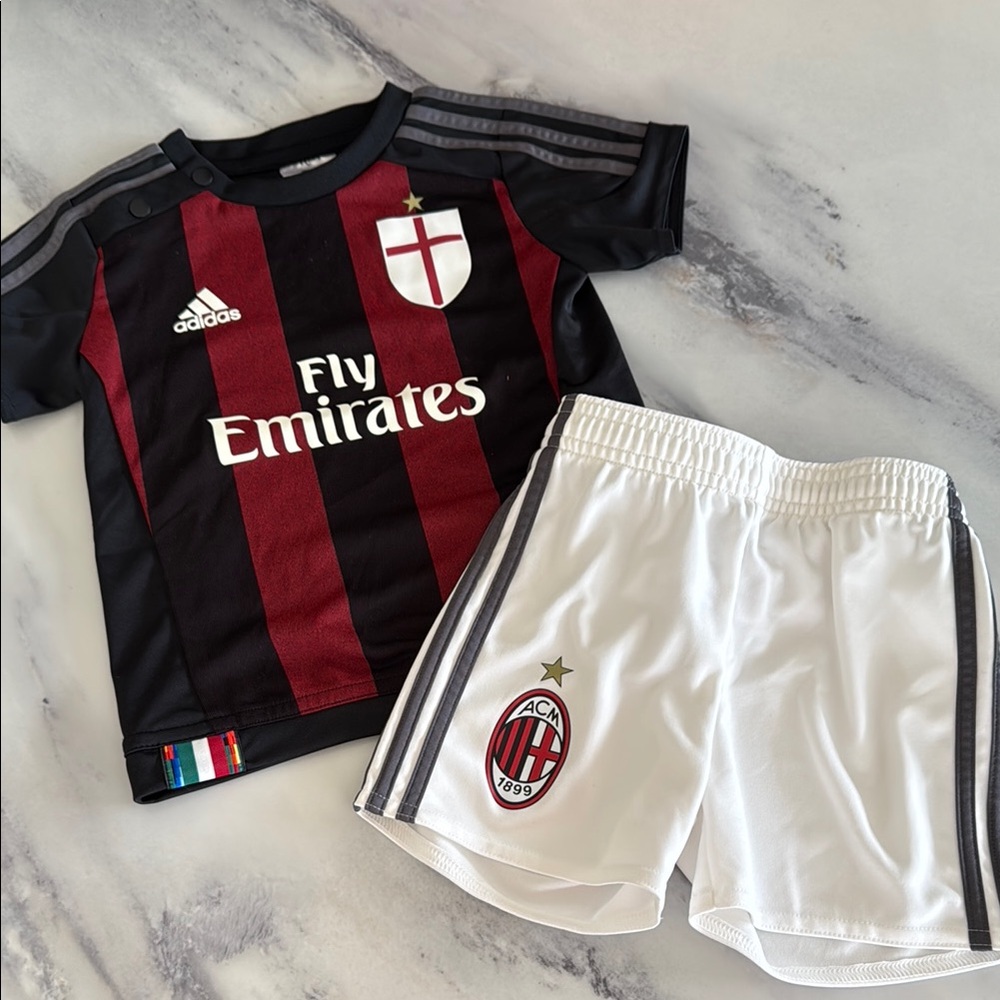 ADIDAS Black and Red AC Milan Jersey & Short Set